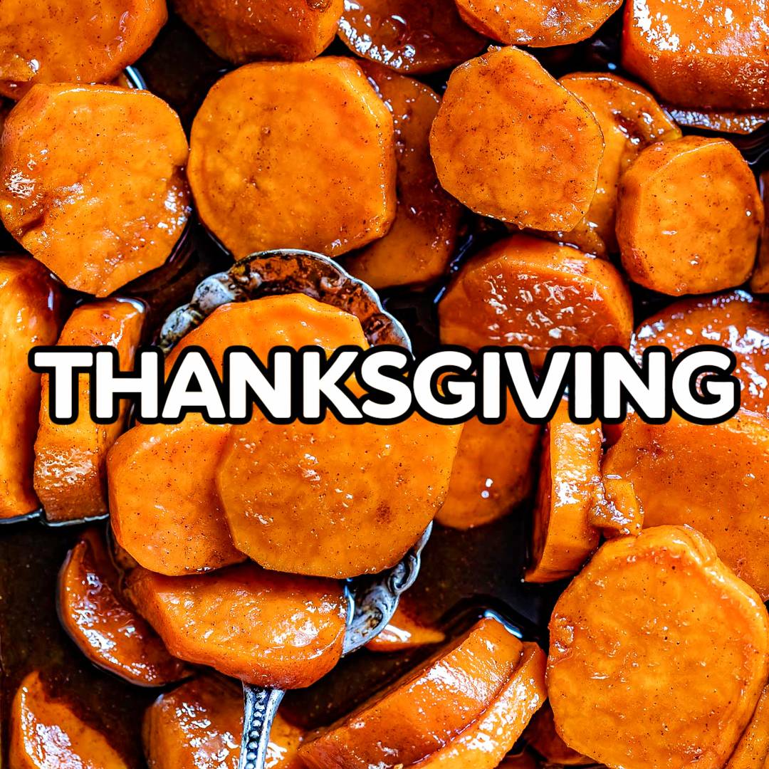 candied yams with large serving spoon and thanksgiving text overlay 