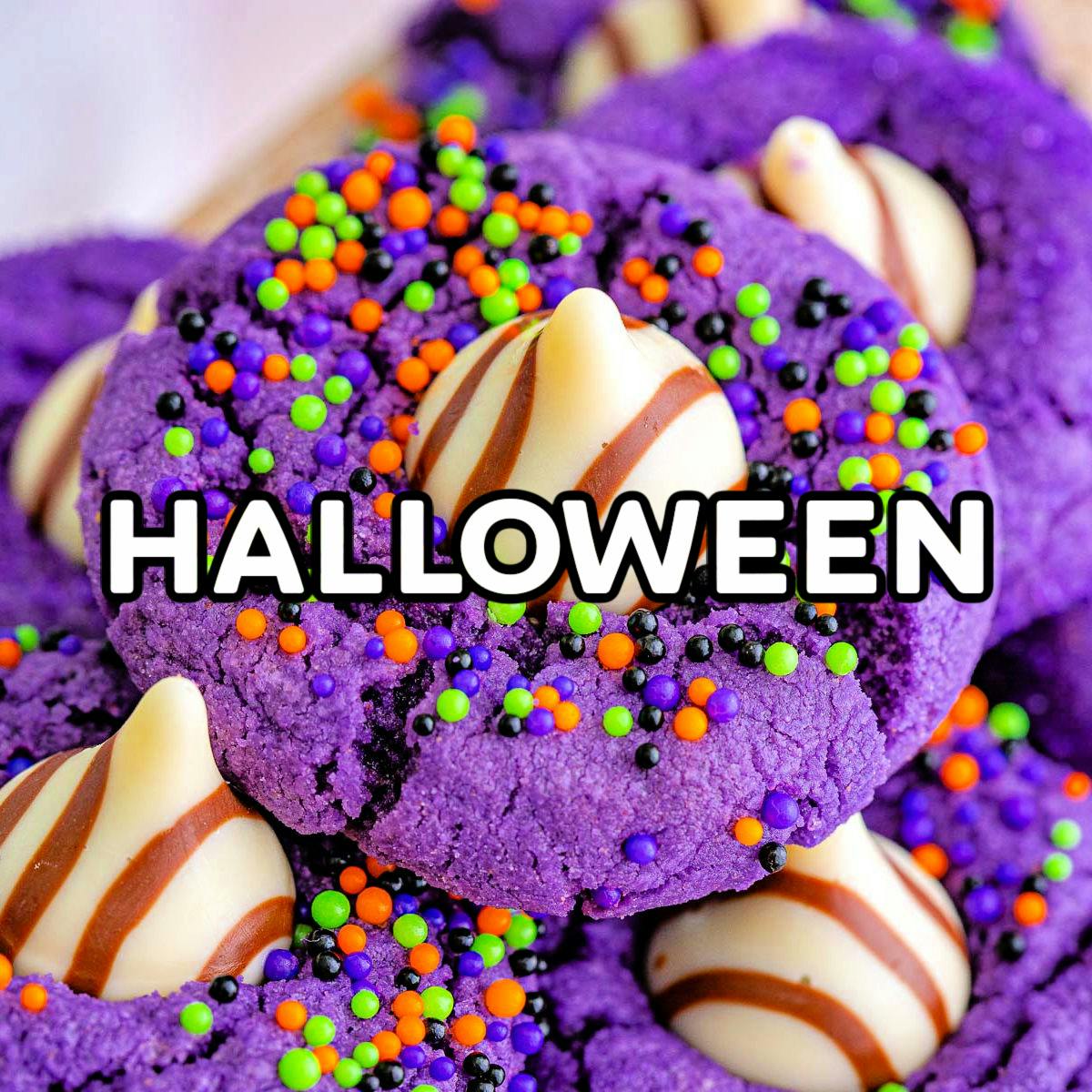 halloween recipes icon with purple witch hat cookies