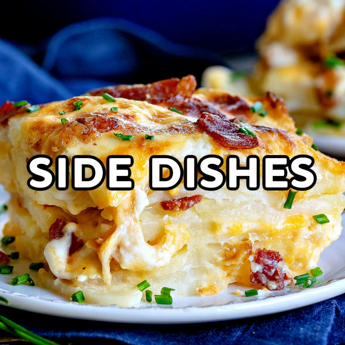 scalloped potatoes on white plate made with bacon and topped with chives.
