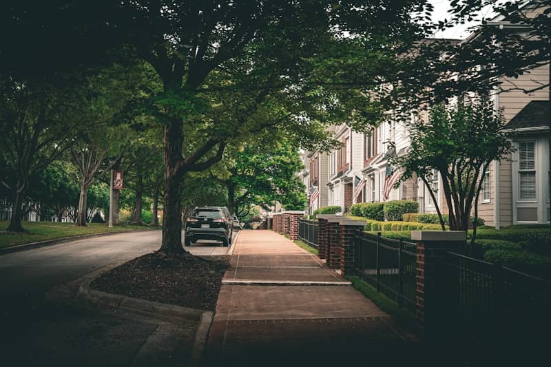 Residential street with a brick walkway and trees.