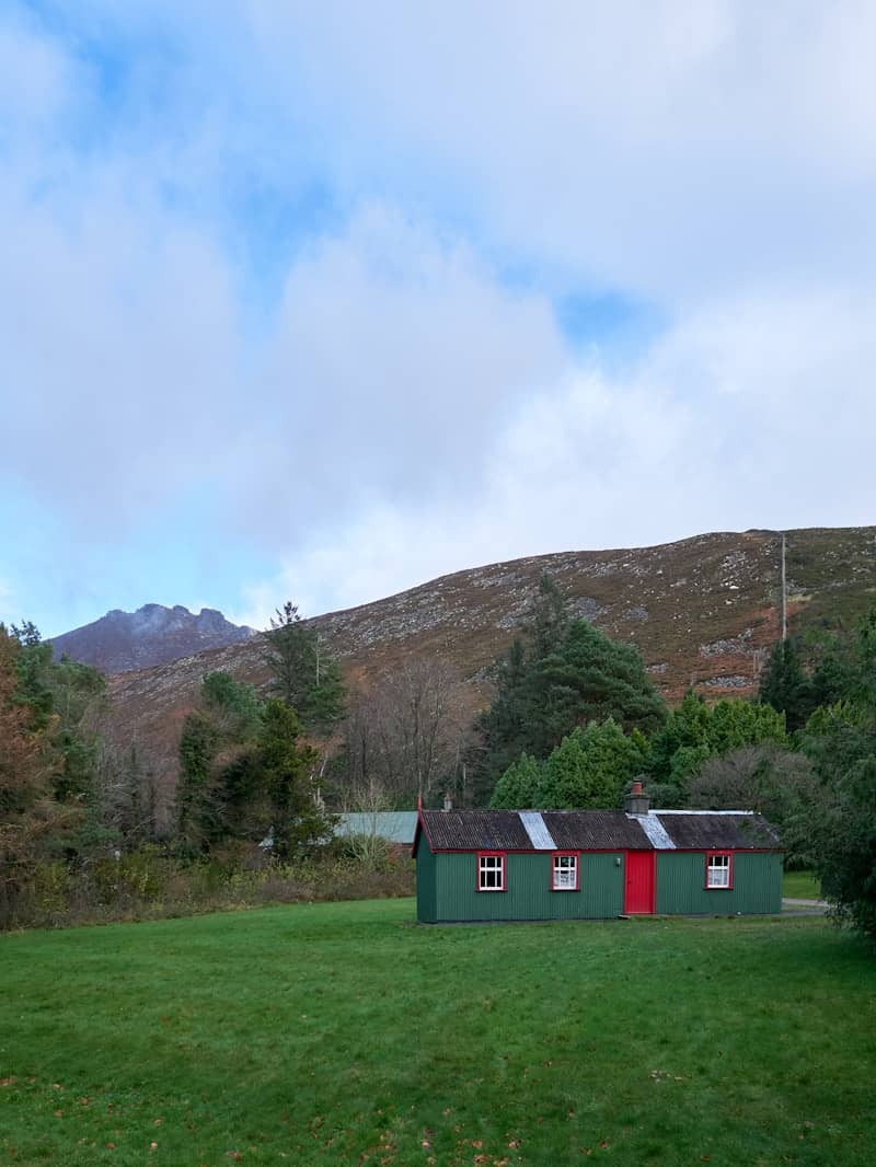 Green cottage with red door in grassy field.
