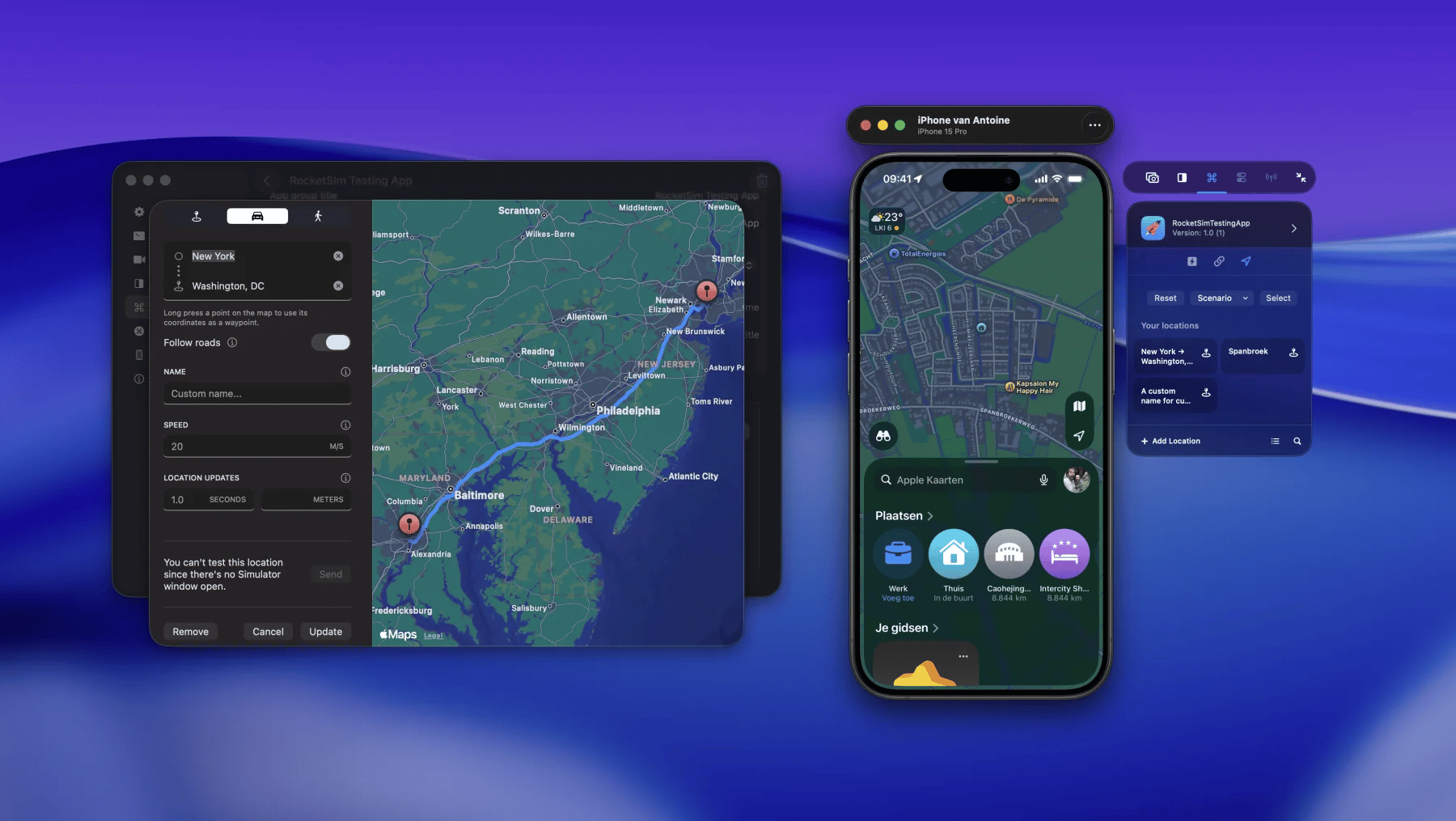 RocketSim simulating a location on a connected iPhone.