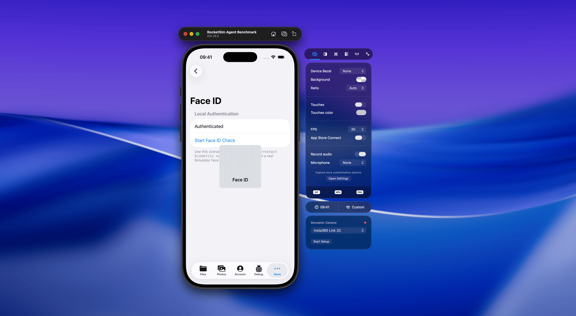 RocketSim Agent Benchmark running a Face ID test scenario.