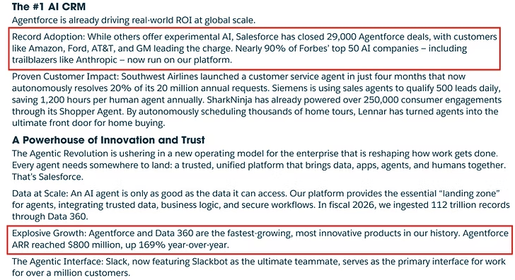 Text detailing Salesforce's AI CRM highlights record adoptions and explosive growth. Key stats and customer impact are emphasized.