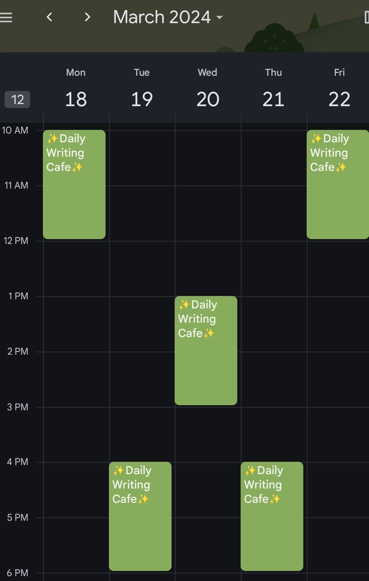 Digital Calendar weekly schedule for Daily Writing Cafee