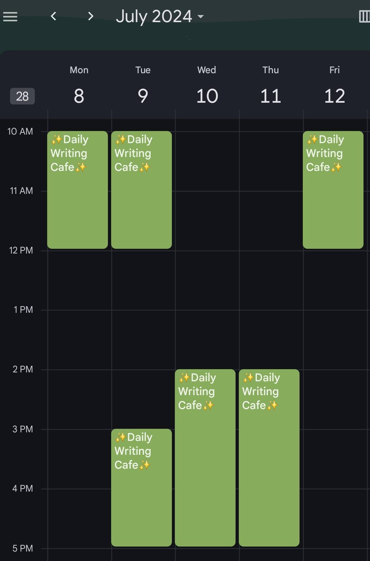 Digital Calendar weekly schedule for Daily Writing Cafee