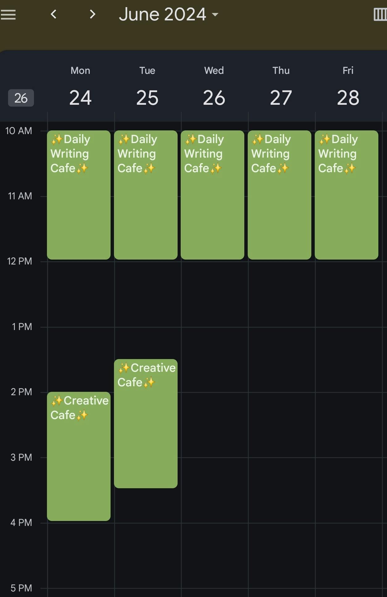 Digital Calendar weekly schedule for Daily Writing Cafee