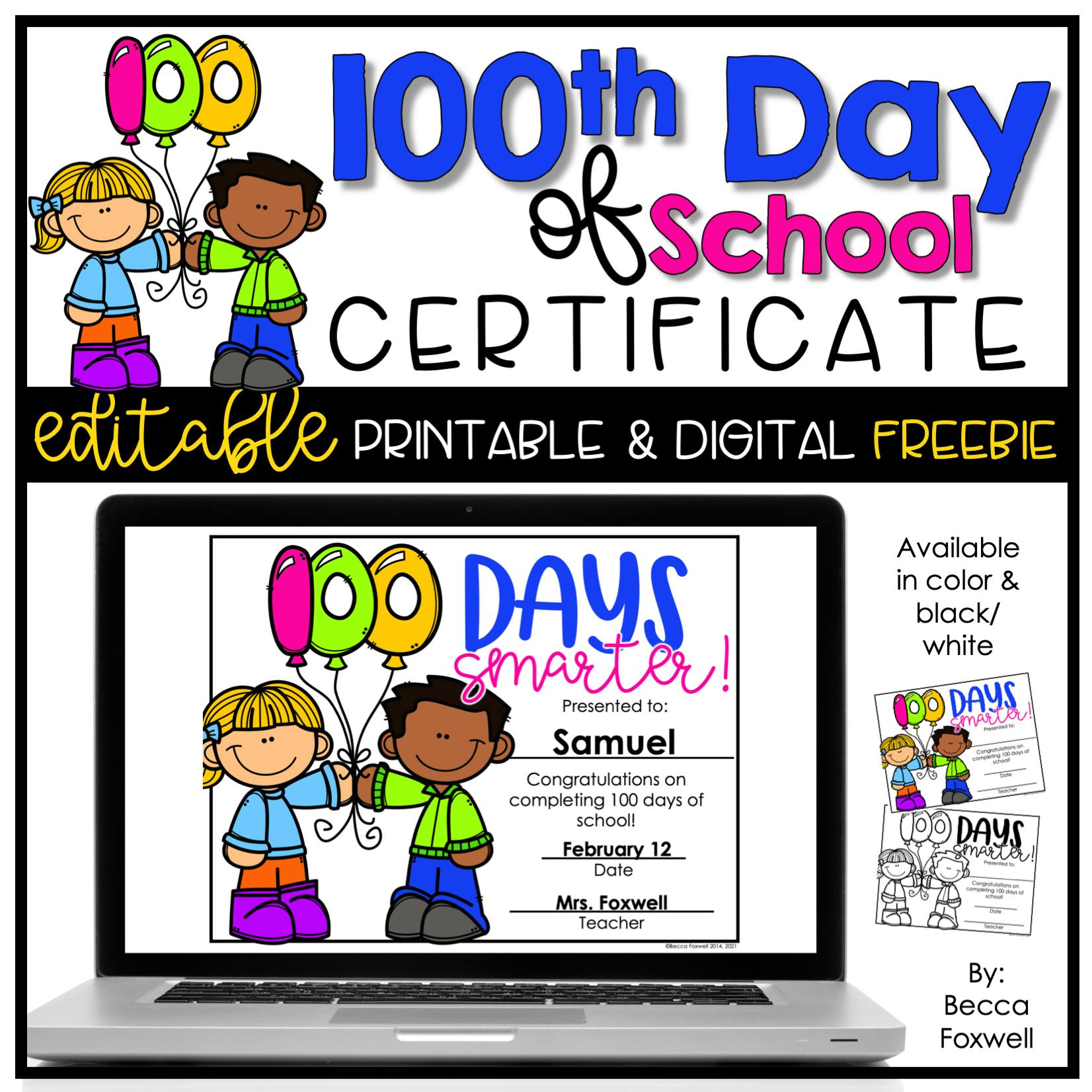 100th Day Of School Certificate