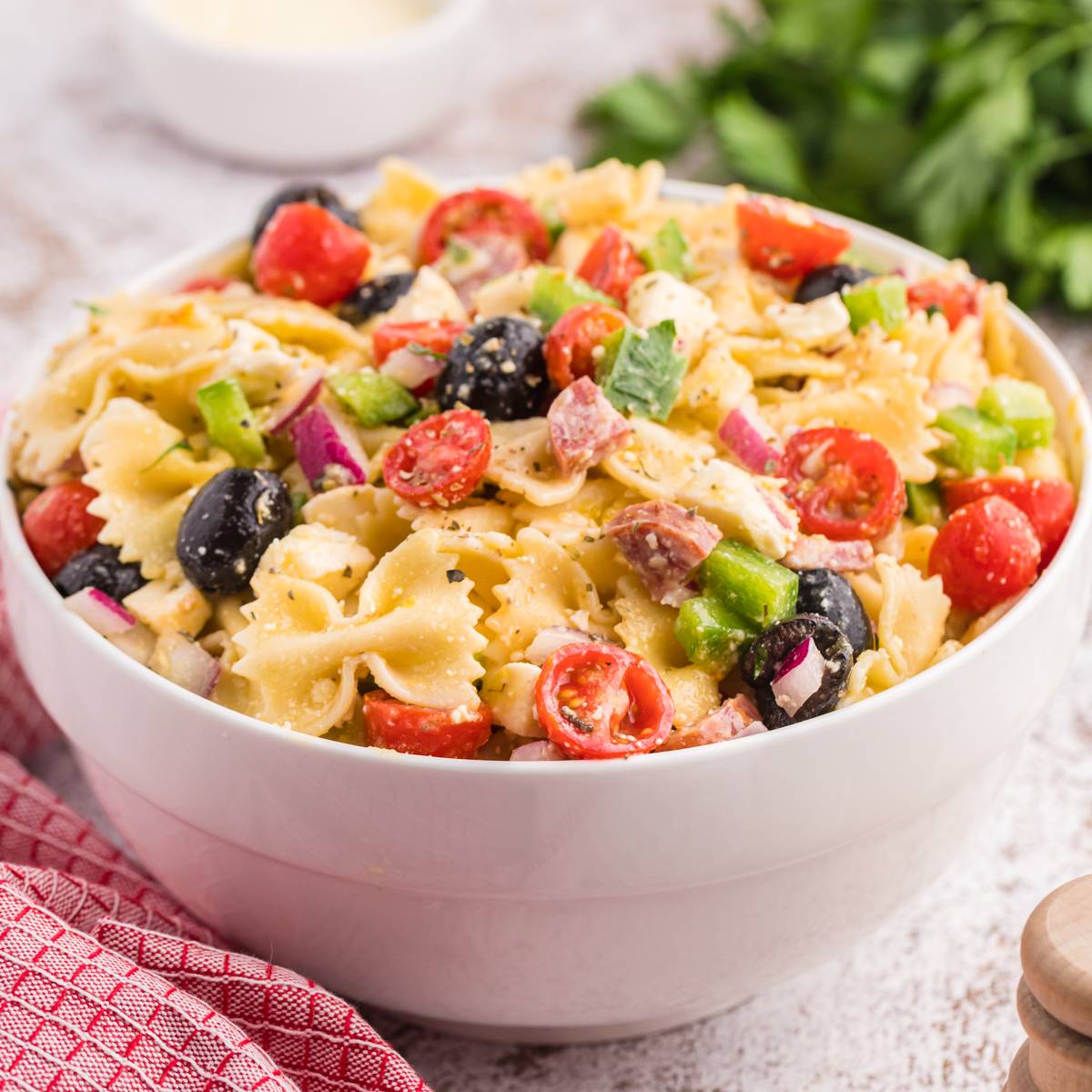 Italian pasta salad in a bowl.