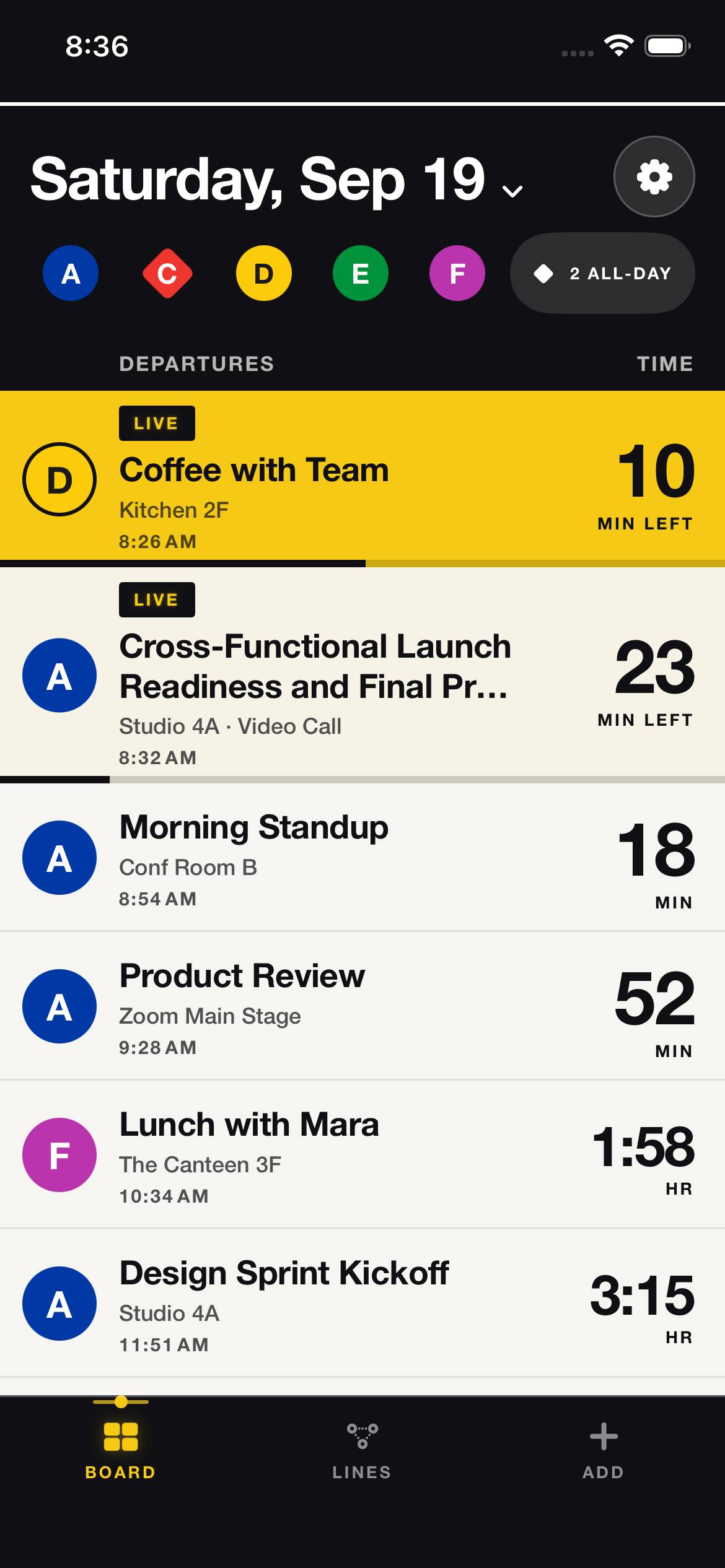 Day Board sample calendar showing colored line badges, a live meeting, and countdowns to upcoming events. Preview uses sample data.