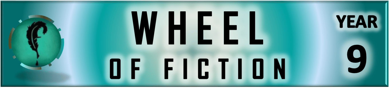 Portal Button. Elongated rectangle. Rings of colored light emanate from the center. Inset on the left, a circle with the Storyfeather feather logo, a feather quill shaped like the letter "f" with a drop of ink hovering below its tip. The circle is bordered with dots and dashes and casts a shadow. To the right of the image, the words "Wheel of Fiction." At top right, the word "Year." Below "Year," the numeral "9."