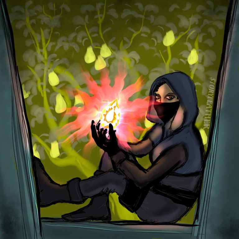 Digital drawing. A young woman sits within a window frame whose sides and bottom are visible. She sits with her back to the right. Her left leg slightly bent, her left foot is pressed flush against the left frame. Her right leg is bent up, foot flush agai