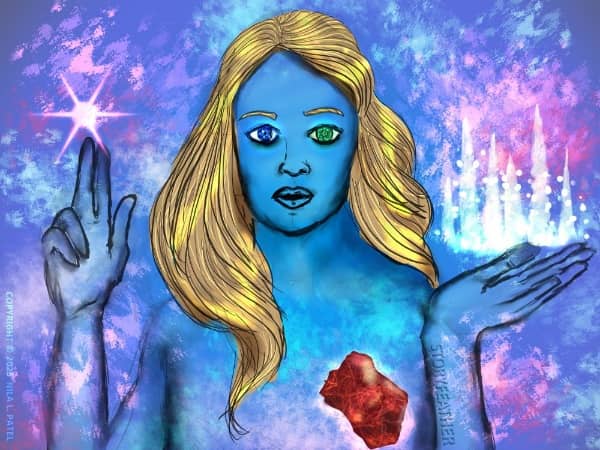 Digital drawing. A young woman mostly in outline with select parts colored in. She’s facing forward, seen from chest upward. Her left hand is held close to her body with palm facing up. Above the hand is a set of glowing spikes scattered with glowing dots. Her right hand is held beside her, palm facing forward with the last two fingers folded down. Above the first two fingers is a glowing star-like shape. Her long hair and eyebrows shimmer in shades of gold. Her right eye is a round blue sapphire. Her left eye is a round green emerald. A giant rough-cut ruby floats where her heart would be. The background is shaded blue and pink, like the colors of an opal. Watermark of “Storyfeather” along the inside of her left arm. Copyright along left side reads, “Copyright © 2025  Nila L. Patel.”
