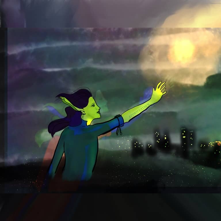 Digital drawing. Center left, a humanoid figure seen from waist-up and in right profile reaches out with the right arm toward a ball of light surrounded by hazy glow at top right corner. The figure has six digits on their hand and an elongated ear that rises into their flowing hair and above their head. Bottom right, dark hazy shapes of skyscrapers and high-rises at night. The sky appears filled with iridescent clouds. Ghostly afterimages of the figure appear around the figure. Watermark of “Storyfeather” along the figure’s outstretched forearm.