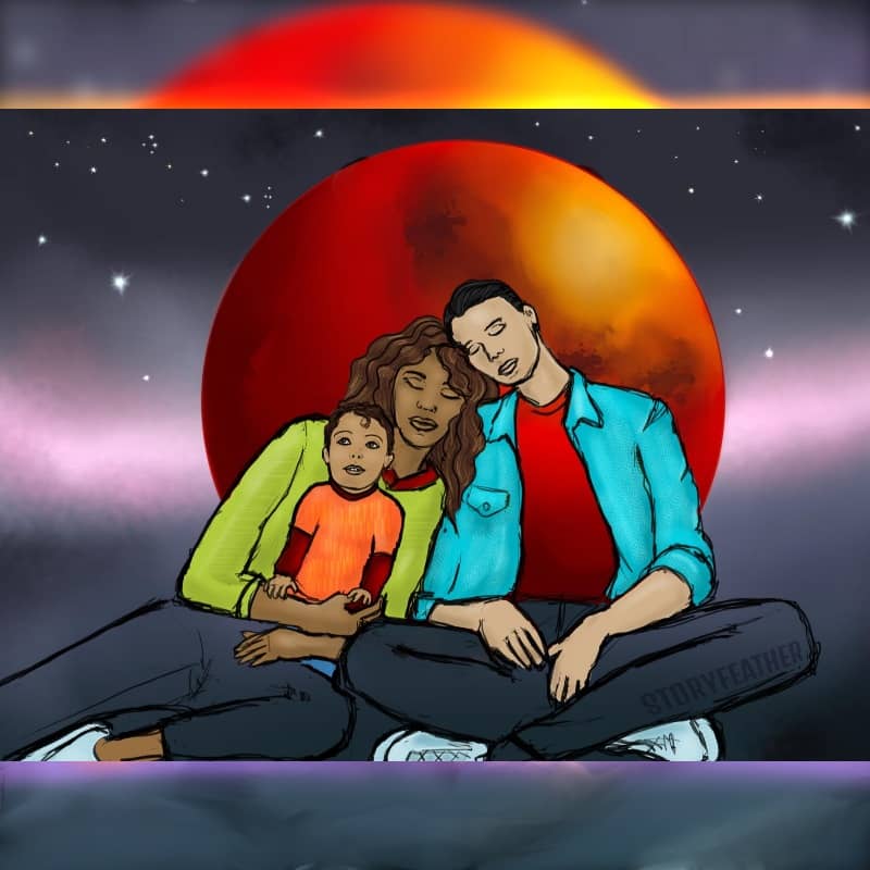 Digital drawing. Facing forward, sitting on the ground, a couple leaning towards each other with their heads touching and their eyes closed. At left, a woman, her right leg outstretched out of frame, and her left leg bent. She loosely holds a baby or youn