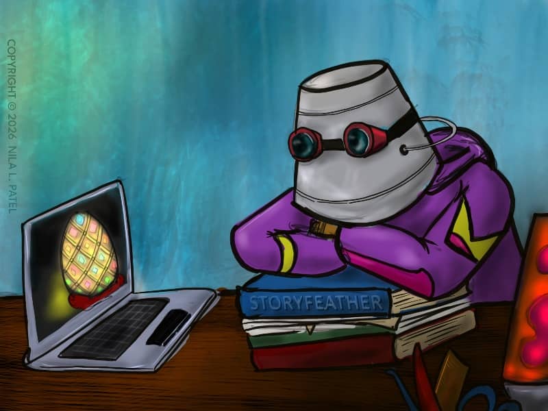Digital drawing. A person, at right, sitting at a desk, arms crossed and resting on a stack of books and papers. The person wears a colorful hoodie and has a bucket over their head. Goggles are wrapped around the bucket. At left on the tabletop is an open laptop, facing the person, with an image of a bejeweled egg displayed on the screen. Right foreground, part of a lava lamp and various stationery like pens is visible. Watermark of “Storyfeather” along spine of topmost book. Copyright notice along left side of frame reads “Copyright © 2026  Nila L. Patel.”