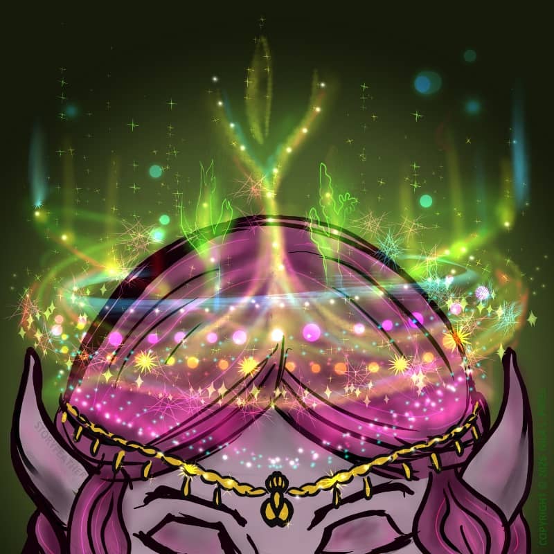 Digital drawing. The top of a person’s head from the level of the eyes, which are closed. The hair and complexion are in shades of rose pink. Two tapered ears extend from locks of wavy hair. A slim golden chain set with dangling golden drops wraps loosely around the figure’s head just above the brow. Above this, the head is circled by wispy glowing light, in bands, starbursts, bubbles, and sparks, in many colors, and tilted at slightly different angles like the rings around a planet. At front and center, three branching structures rise. Sparks and bubbles rise above this glowing crown. Watermark of “Storyfeather” along the edge of the right ear. Copyright notice along right side reads, “Copyright © 2026  Nila L. Patel.”