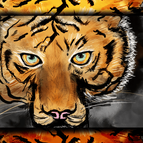 Digital drawing. Head of a tiger from nose to base of ears, facing and looking forward, slightly offset to left, framed by shadow. Watermark of “Storyfeather” along left side of nose. Border at top and bottom to make the image square contains a pattern from the main image.