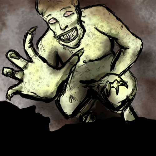 Digital drawing. Crouching amid shadows, tilted to the left of vertical, a humanoid figure with pale green mottled skin, white, bloodshot eyes with no irises, and a wide smiling mouth filled with long sharp teeth. The clawed left hand rests on the figure’s knees, and the right hand extends forward toward the silhouette of a sleeping human figure seen in right profile at bottom foreground. Watermark of “Storyfeather” along the bottom of the demon’s palm.