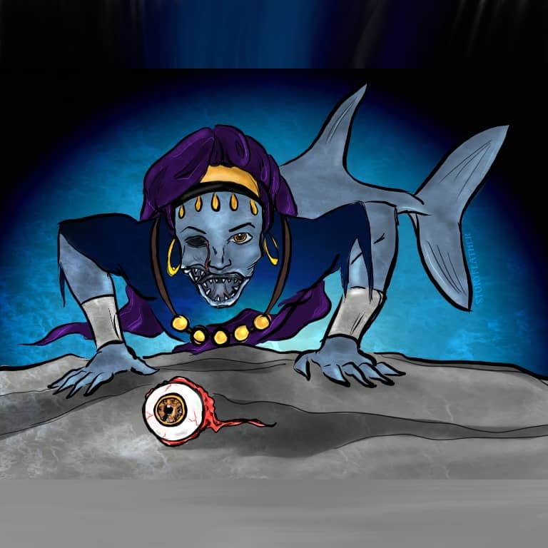 Digital drawing. A creature with the front half of a woman and the bottom half of a shark. She’s underwater. Foreground, a disembodied eye trailing a nerve stalk lies on the floor of the body of water in which the creature is floating. She faces forward w