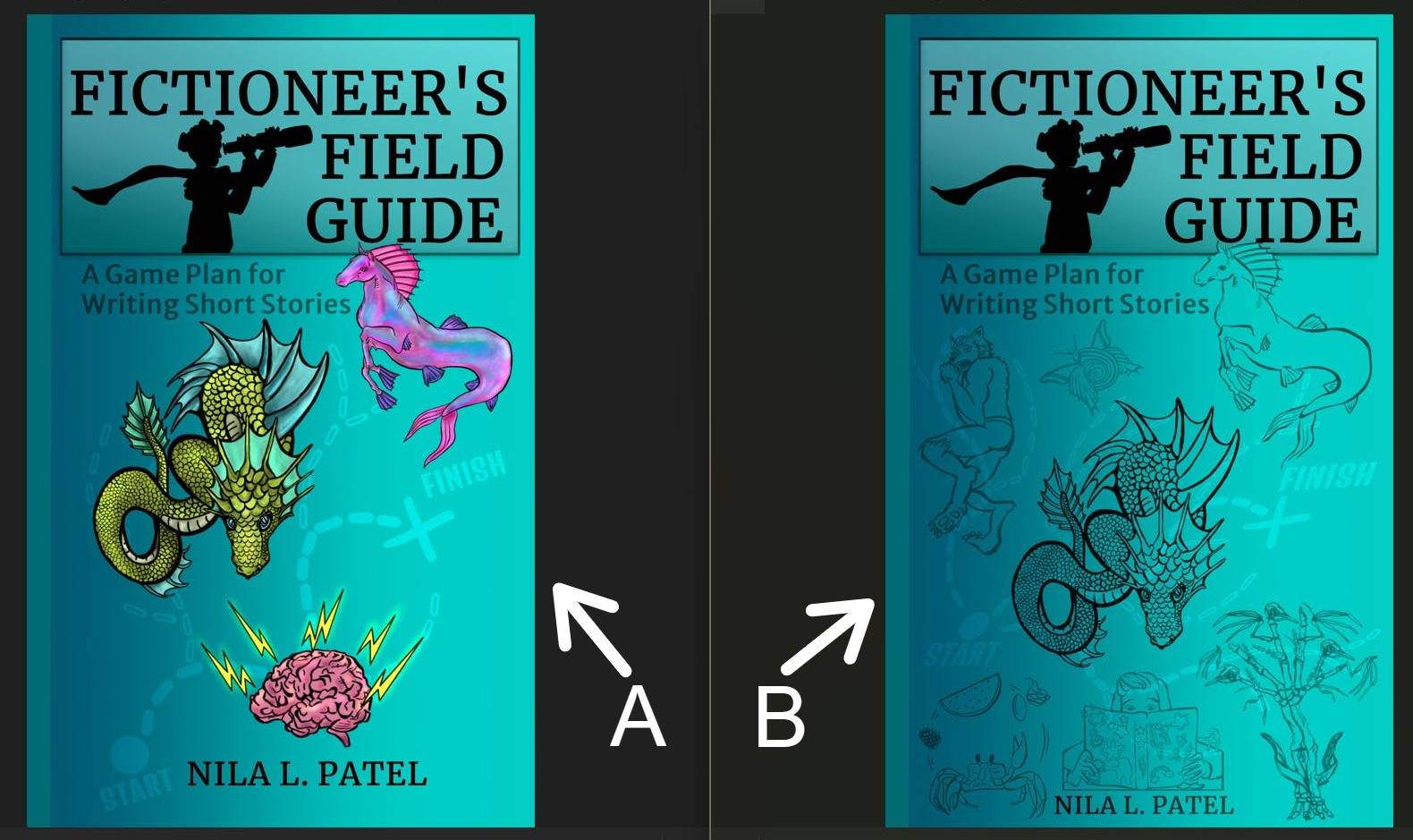 Screenshot. Two versions of eBook cover. Both identical at top third. Text box reading "Fictioneer's Field Guide" aligned to right. At left in space beneath first word is silhouette of a person from waist up holding a telescope to the right with scarf flowing out to the left. Subtitle below reads "A Game Plan for Writing Short Stories." Drawings of various creatures and elements on bottom two thirds. At left three elements in color from top to bottom, a hippocampus from myth, a sea serpent, and a brain with lightning above it. Image at right has no color, but only line art images. Hippocampus and sea serpent in same positions, but they are now line drawing only. Brain is gone, replaced by a tree made of bones. Other elements include a werewolf and a juggling crab. At bottom, text reads "Nila L. Patel" on both. Letter A with arrow pointing to left image. Letter B with arrow pointing to the right image.