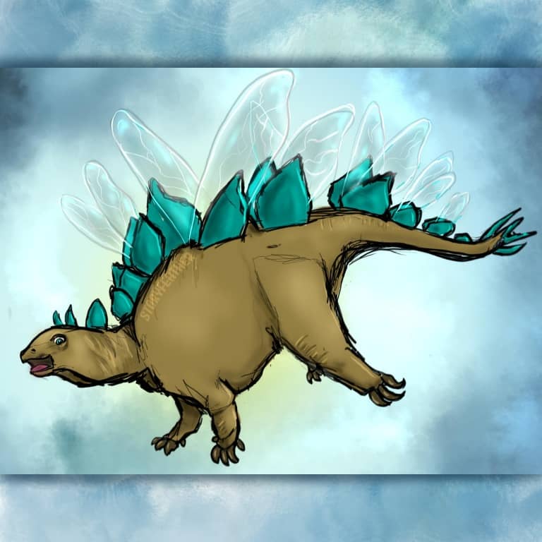 Digital drawing. Hovering in the sky, left side view of a stegosaur-like dinosaur with a bulky body, claw-like toes, bony spikes on the tail, a long neck, protruding snout and bony plates along the back. The dinosaur’s mouth is open in what appears to be a smile, eye looking at the viewer. From within the middle of the bony plates emerge pairs of delicate veined wings like those of a fly or beetle. Watermark of “Storyfeather” along spine behind neck.