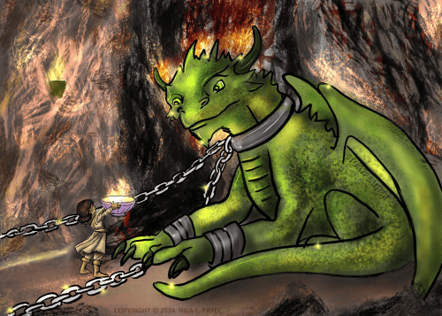 Digital drawing. A winged dragon at right, sits on the ground inside of a cavern lit with torches, one of which is visible at upper left. The dragon is partially raised up on his bent forelimbs. He looks down at a little girl at left who stands before him offering a bowl full of flames with outstretched arms. The dragon has manacles around his neck and forelimbs, with chains extending from the manacles to the left. The girl wears loose sandy colored tunic, trousers, and boots. Watermark of “Storyfeather” along the dragon’s back at right. Copyright notice at center left reads, Copyright © 2024  Nila L. Patel.
