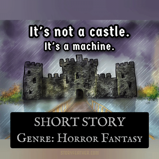 GIF: Digital drawing. A dark gray medieval castle sits at center with a bridge in the foreground leading to the open gate. Above, the sky is filled with dark clouds. Rain falls at a slant from upper right to lower left. Shrubbery flanks the castle. Along the left edge is a soft yellow glow. The words “Short Story” and “Genre: Horror Fantasy,” is displayed at bottom. Lines from the story displayed: “It’s not a castle. It’s a machine.” Text fades. Further lines from the story appear: “Not a machine that thinks. But one that eats.” Site URL appears at bottom center.