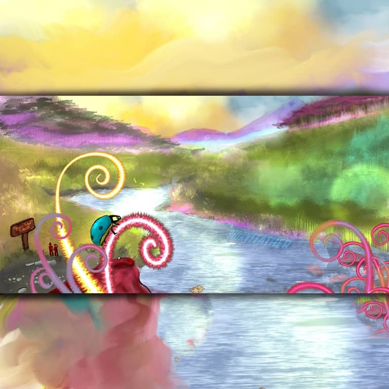 Digital drawing of a stream cutting through a grassy meadow. Foreground left corner displays glowing curling stems.  A ladybug is perched on one of the stems. Bottom middle edge, a piece of paper floats in the water. To the ladybug’s left, a wooden sign juts up from the grass.  In the upper third of the image, forests are visible through purple haze, and mountains even further back. The sky glows with sunlight. The rectangular image is made square with top and bottom borders that repeat and continue the top and bottom of the image. Watermark of "Storyfeather" along the edge of the river at center right.