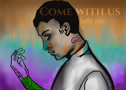 Digital drawing. At center, a person in left profile, looking down at their raised right hand. The person is in grayscale and black-and-white, except for green scales on their forearm, and a pink vine motif at the back of their neck. The background is a blend of three colors. Words and phrases appear on and around the person, some color-matching the background. They read, “Come with us. Help you. Welcome. Dangerous. Can you see. I can help you.” Watermark of “Storyfeather” along person’s back. Copyright notice along left edge reads, “Copyright © 2024  Nila L. Patel”