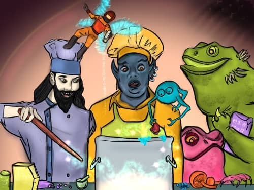 Digital drawing. Six figures gathered around a large pot at bottom center. From left to right, a young man with a dark beard, long hair, and one arm, holding a wand directed at the pot, and smiling to his left; a small humanoid figure with gauzy butterfly wings, floating in a space suit, pouring a shaker of salt down into the pot; a humanoid figure with tapered ears, at center, one bearing three rings, gaping down at the pot; a small blue ball with three long limbs visible, and large round eyes, standing on the central figure’s shoulder, holding a chunk of food over the pot; a dragon with a toad-like face, half the height of the tallest figures, with one clawed hand on the tabletop in front of some mushrooms; and another dragon, as tall as the tallest figures, seen from the left side, holding a package in the left arm. The young man is a wizard and the humanoid man is an elf. They both wear chef’s hats in different colors. The elf wears an apron. On the tabletop is a canister, a polygonal box, a bag spilling some beans, some spiral-shaped objects and mushrooms. The wizard and the tall dragon are smiling. Blue foam drips over the edge of the pot in two places. A wispy sparkly cloud streams out of the wand and around the pot.