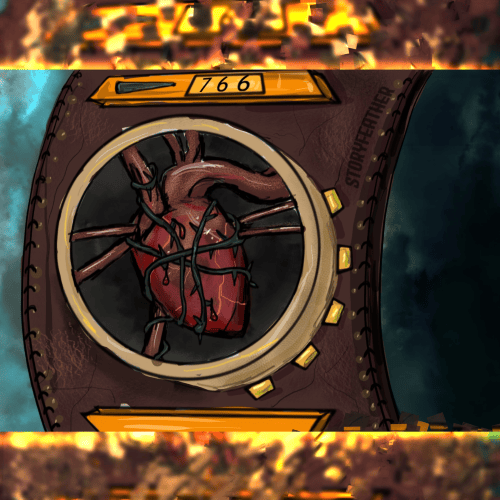 Digital drawing. Partial view of a watchband, showing the watch face and stitching at the edges of the band. A small label above the circular watch face reads “766.” The face itself, seen at an angle to show depth, bears five equally spaced control knobs on the frame at right. Contained inside the face is a heart with blood vessels extending to the edges. A thorny vine is wrapped around the heart. Some of the thorns pierce the heart, and each draw a drop of blood. Watermark of “Storyfeather” along left edge of watchband at top.