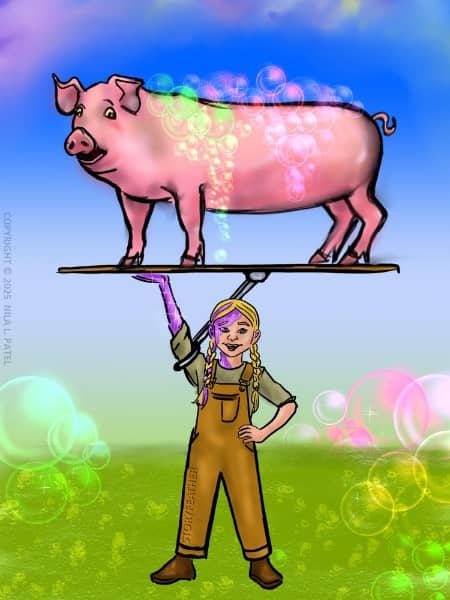 Digital drawing. At center bottom, a grinning little girl stands on grassy ground with left hand on hip and right arm extended straight up. Her right hand holds up a wooden board on which stands a large pig that’s a few times her size. A metal arm braces the center of the board against her shoulder. The girl has long pigtails and wears overalls. Her sleeves are pushed to her elbows. The skin of the right arm is sparkling purple. Her face and neck on the right side are also purple, and purple strands weave through her blonde hair. The pig is in left profile with head in three-quarters view and eyes directed down to the girl, mouth parted. Bright green and pink bubbles lie on the pig’s back and cascade down the pig’s side. Glowing bubbles of various sizes and colors cluster at the left and right side at bottom. Along top are clouds in soft pastel colors against a blue sky. Watermark of “Storyfeather” along the girl’s right pants leg. Copyright notice at left center edge reads, “Copyright © 2025  Nila L. Patel.”