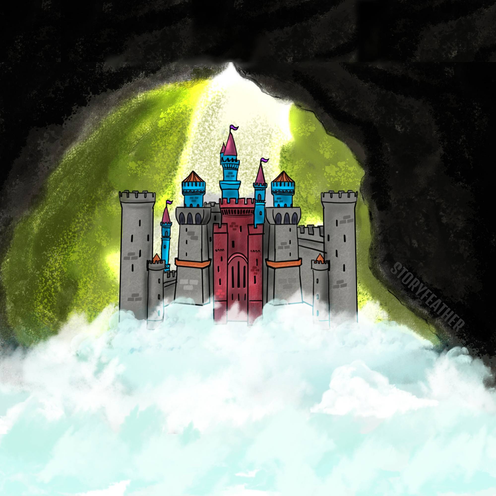 Digital drawing. A castle at center with three main spires flying pennants, battlements, and flanking symmetrical towers. The castle stands in front of a cave opening through which light pours. Moss grows along the cave walls. In front of the castle in the foreground is a bank of clouds. Watermark of “Storyfeather” along cave wall at right.
