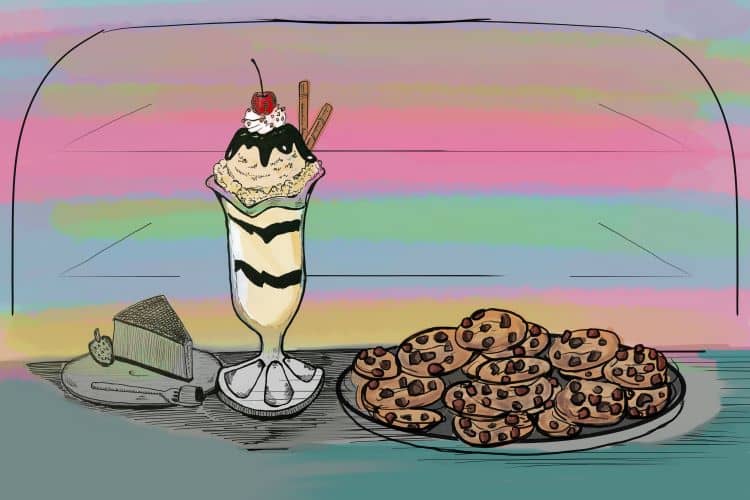 Scanned ink drawing, digitally revised and colored. Lines suggest a glass dome under which lies from left to right: a plate with a slice of cheesecake, a strawberry sitting beside, and a fork lying before it, bearing a sliver of cake; a fluted soda glass filled with vanilla ice cream, encircled with ribbons of fudge and topped with fudge, whipped cream, nuts, and a cherry; and a plate piled with chocolate chip cookies. The cheesecake appears in grayscale, but the other desserts are in color.