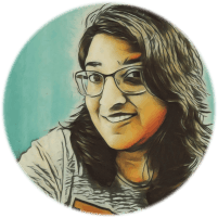 Circle format, a three-quarters view of Nila's smiling face from a photo with an oil paint filter applied.