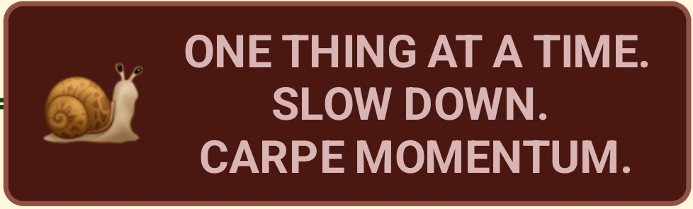 Screen shot of a task bubble from an app called SimpleMind.  A snail emoji at left with sentences at right in all capitals and centered. “One thing at a time. Slow down. Carpe Momentum.”