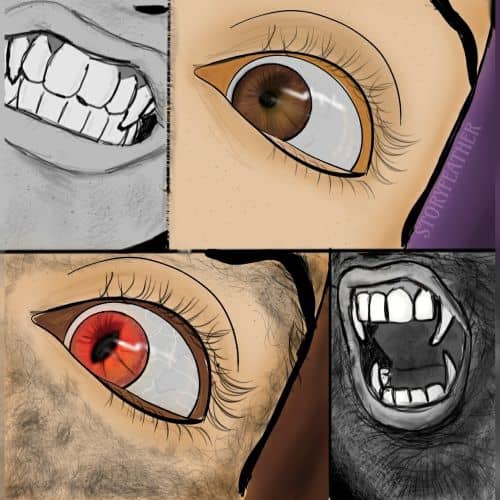 Digital image of a collage with four panels in two rows, close-ups of parts of a face. Top left panel, a person’s sneering mouth with the canine teeth extended slightly. Top right panel, a person’s left eye wide open as if in surprise. Bottom left panel, a repeat of the top right panel image, except now the eye is a different color, red and gold, the iris is vertically elongated, and the skin around the eye has sprouted small hairs. Bottom right panel, a growling mouth with long canines and a hairy face. Watermark of “Storyfeather” along edge of face at top right.