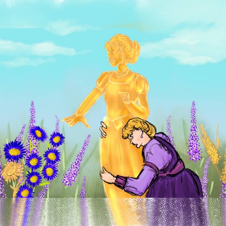 Digital drawing. At center, the standing figure of a young woman made of gold, facing left in three-quarters profile, with right arm outstretched in front of her, left arm bent to the side, and mouth parted. Another woman, in left profile facing left, has fallen to her knees and has her arms wrapped around the golden woman, head bent, eyes closed, and mouth hanging open. They are in a field or a garden of lavender and daisies. A few flowers at the margins appear golden. The daylight sky overhead is full of wispy clouds. Watermark of “Storyfeather” along the golden woman’s outstretched arm.