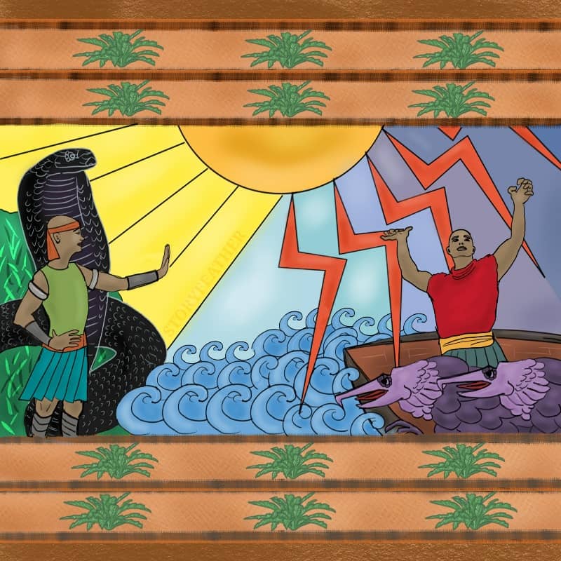 Digital drawing. A stylized depiction on a tapestry or scroll. At left, a man stands in front of a black cobra that is larger than him. Both face to the right. The man holds his right hand on his hip and holds his left hand out, palm forming a “stop” gesture. They stand on a green shore with bright blades of grass. At right, a man in a boat raises his hands and face to the sky. Before him two strange beasts with hooked beaks and feathery scales stare to the left. Between boat and shore are stylized curls depicting waves. Top center, the bottom half of circle that depicts the sun. Bright rays beam to the left, bolts of lightning fan out to the right. The sky at center is blue, but darkens from left to right between the bolts. Top and bottom borders depict a repeating pattern, in two rows, the tops of palm trees. Watermark of “Storyfeather” along a ray of sunlight at center left.