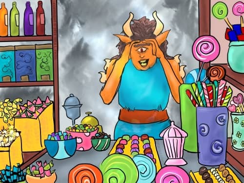 Digital drawing. View from inside a candy shop through a window, where a humanoid person stands peeking in. The person has horns and long pointy ears, one central eye, and jagged teeth. Inside the candy shop are trays of bonbons, canisters filled with lollipops, bowls of hard candies and licorice, bottles, boxes filled with gummy candies, and a few decorative containers with their lids on. Outside, the sky is filled with gray clouds.