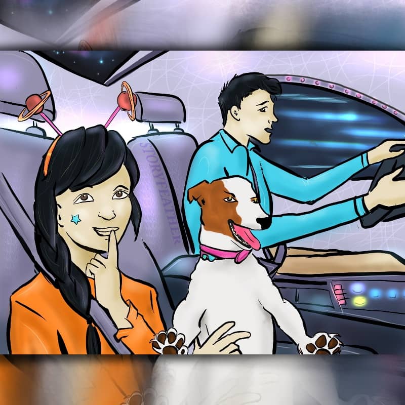 Digital drawing. View inside the cabin of a car through the front passenger window. Foreground, a girl and a terrier sit in the front passenger seat, both facing forward and seen in three-quarters view. The girl, seen from shoulders up holds her left hand