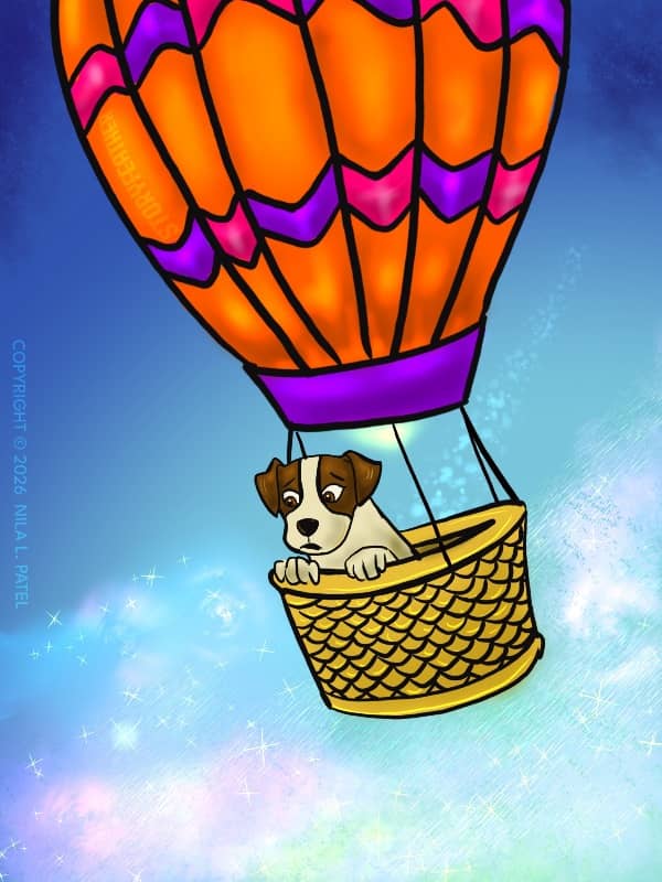 Digital drawing. A small dog sits in the basket of a hot air balloon with paws on the edge of the basket, looking down at sparkling brightly colored clouds, brows raised, mouth slightly parted. The balloon is slightly tilted, the top is out of frame. From