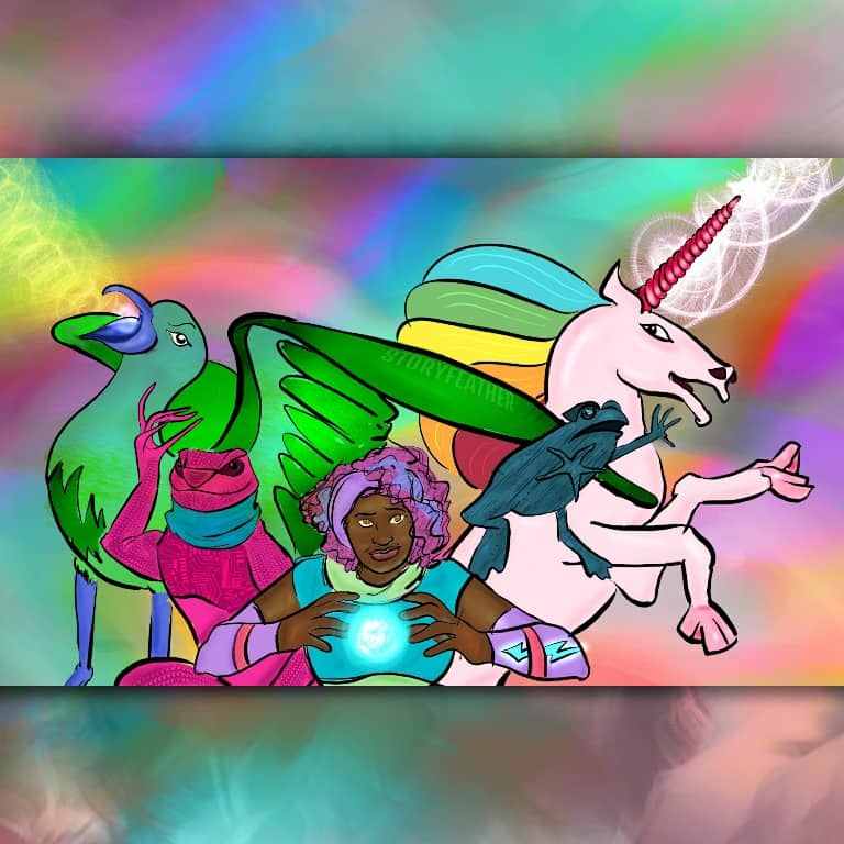 Digital drawing. Five figures arrayed in flanking formation. At center is a human woman facing forward from waist up. She holds her hands before her, facing each other. A glowing ball of light is suspended between her fingers. Along the forearm part of her left armband, a lightning bolt glows. She wears color-blocked exercise clothes. A humanoid lizard sits to her right and behind, raising her right arm as if in greeting. She wears a scarf around her neck, and a breastplate displaying circuitry. To the lizard’s right and behind is a giant seagull, wings outspread, head raised, and beak open, blasting out a ray of swirling circles. To the human woman’s left, a toad springs up and out. To the toad’s left and behind, a unicorn with a rainbow mane rears up, her horn blasting forth a ribbon of light. Watermark of “Storyfeather” appears along the edge of the seagull’s wings. The rectangular image is made square with top and bottom borders with streaks of colors matching the rainbow hues of the main image.