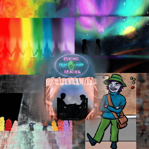 Square composite image of the digital drawings from the five December 2023 podcast episodes. Clockwise from top left: bands of color in the seven rainbow colors and within are people holding hands matching the colors; two people in silhouette facing each other against an outer space background; a standing humanoid person with a satchel and hat; two people standing in front of a massive gate with flowers in the foreground; and at center, in silhouette, two people facing each other hands outstretched seen through curtains with sign above them that reads “Psychic Palm Aura Reader.”