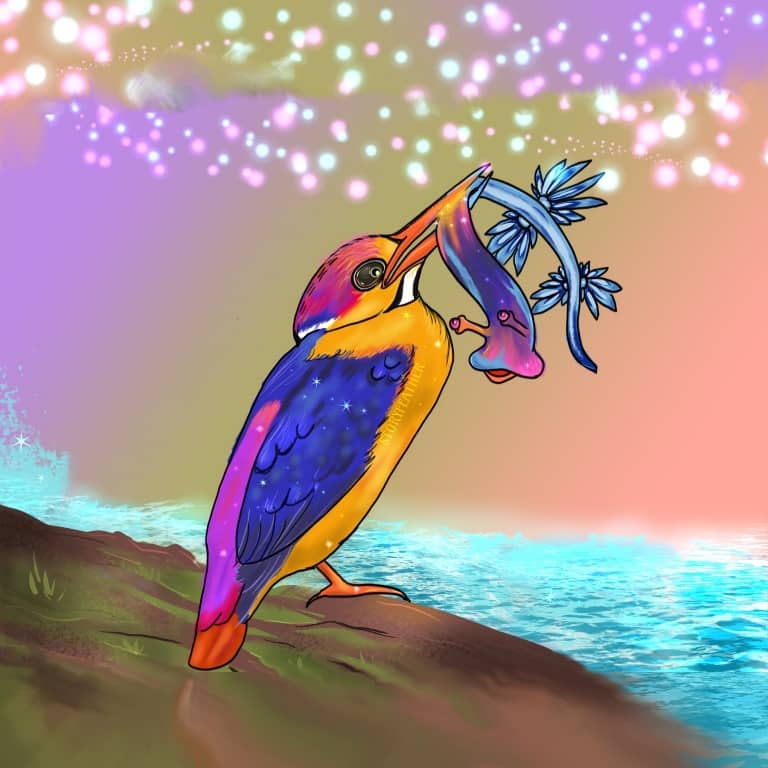 Digital drawing. At center, a bird in right profile, head tilted up, beak slightly parted and holding a slug-like creature. The bird is perched on a patch of earth, at bottom left corner, along the shore of a river. At top of frame, glowing balls of light float through the air. The bird appears to be a river kingfisher of the Ceyx genus. The bird bears feathers of many different colors. The front half of the slug has the shape of a garden slug, with streaks of many colors. The slug’s eyes are directed toward the bird. The bottom half of the slug appears like a blue dragon sea slug with blue coloring and plume-like appendages. Both animals are speckled with sparks of light. Watermark of “Storyfeather” along the bird’s chest.
