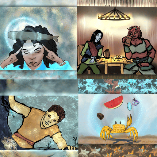 Square composite image of the digital drawings from the four February 2024 podcast episodes. Clockwise from top left: a woman holding hands to temples, eyes closed, with the image of a whale at her forehead emanating circles of energy; an elf and ogre sitting at a wooden table gazing at each other; a crab juggling a pine cone, watermelon slice, and cup of tea; and a young man looking down into a pool at his reflection on a rock wall.