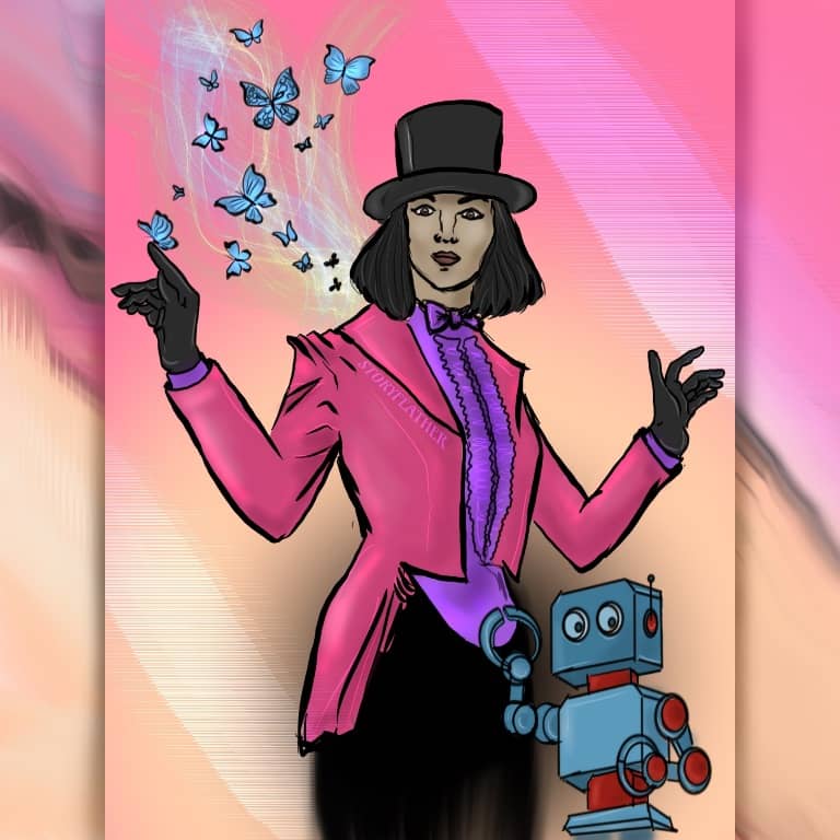Digital drawing. A young woman at center seen from knees up, dressed in top hat, ruffled shirt, and a jacket with coattails. She stands facing forward, turned slightly to the right, arms raised and bent, hands flourished. From her right shoulder, a flock of a butterflies fly up to upper left corner, one of them perched on her right index finger. Bottom right corner, waist-high to the young woman, stands a classic style robot made out of blocks and circles, with right arm raised, see from mid-section up. Watermark of “Storyfeather” beneath right collar of jacket.