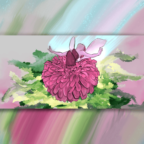 Digital drawing. A zinnia flower in bloom atop a bed of leaves. From the flower’s center emerges the top half of a humanoid woman with her head and shoulders thrown back and her arms stretched out to her side. From her back there emerge two diaphanous wings. Bright beams of light burst out behind her. Watermark of “Storyfeather” along top edge of her left wing. Image is made square with borders at top and bottom that contain streaks of color matching the drawing at center.