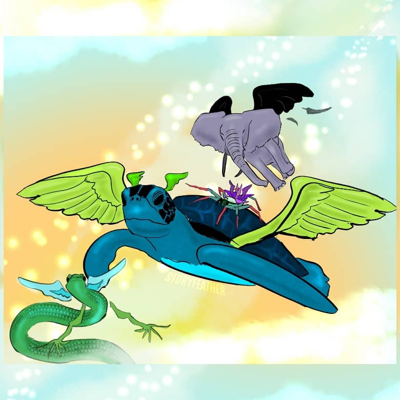 Digital drawing. Various winged animals in the sky positioned at a diagonal from bottom left to top right. At bottom left a snake emerges from glowing clouds. The snake has two arms and is holding them out. Outspread wings appear from just behind the snake’s head. Above and to the left of the snake a giant turtle swims through the air toward the viewer with outspread wings emerging from behind the forelimbs and smaller wings emerging from behind the head. A spider crawls on the turtle’s shell. The spider bears eight wings. Behind the turtle at some distance an elephant descends. Faded feathers fall from the elephant’s wings. Watermark of “Storyfeather” along the turtle’s underside.